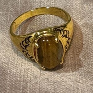 Vintage Gold Ring with Brown Tigers Eye Stone Size 12